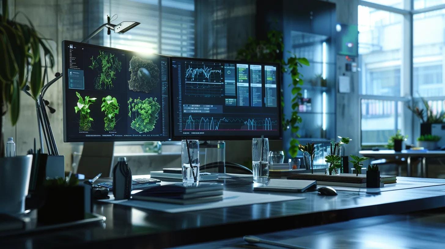 a state-of-the-art pest control office, showcasing a modern workspace with a sleek computer display presenting a variety of pest images and data, while pest control experts discuss innovative treatment strategies around a polished conference table.