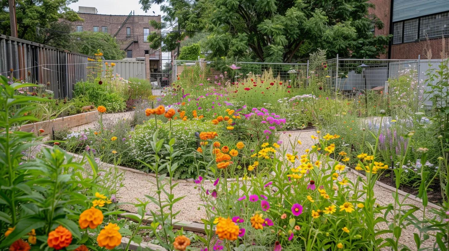 a vibrant urban garden, bustling with colorful beneficial insects like honey bees and green lacewings, actively pollinating flowers and preying on pests, showcases the essential role of these creatures in promoting a healthy ecosystem and sustainable gardening practices.