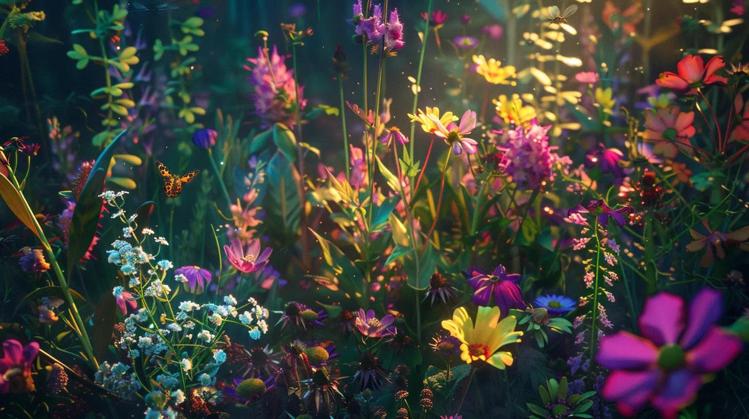 a vibrant urban garden showcases a diverse array of flowering plants, strategically placed to attract beneficial insects while repelling pests, with colorful blooms and intricate insect activity captured in sharp detail under soft artificial lighting.