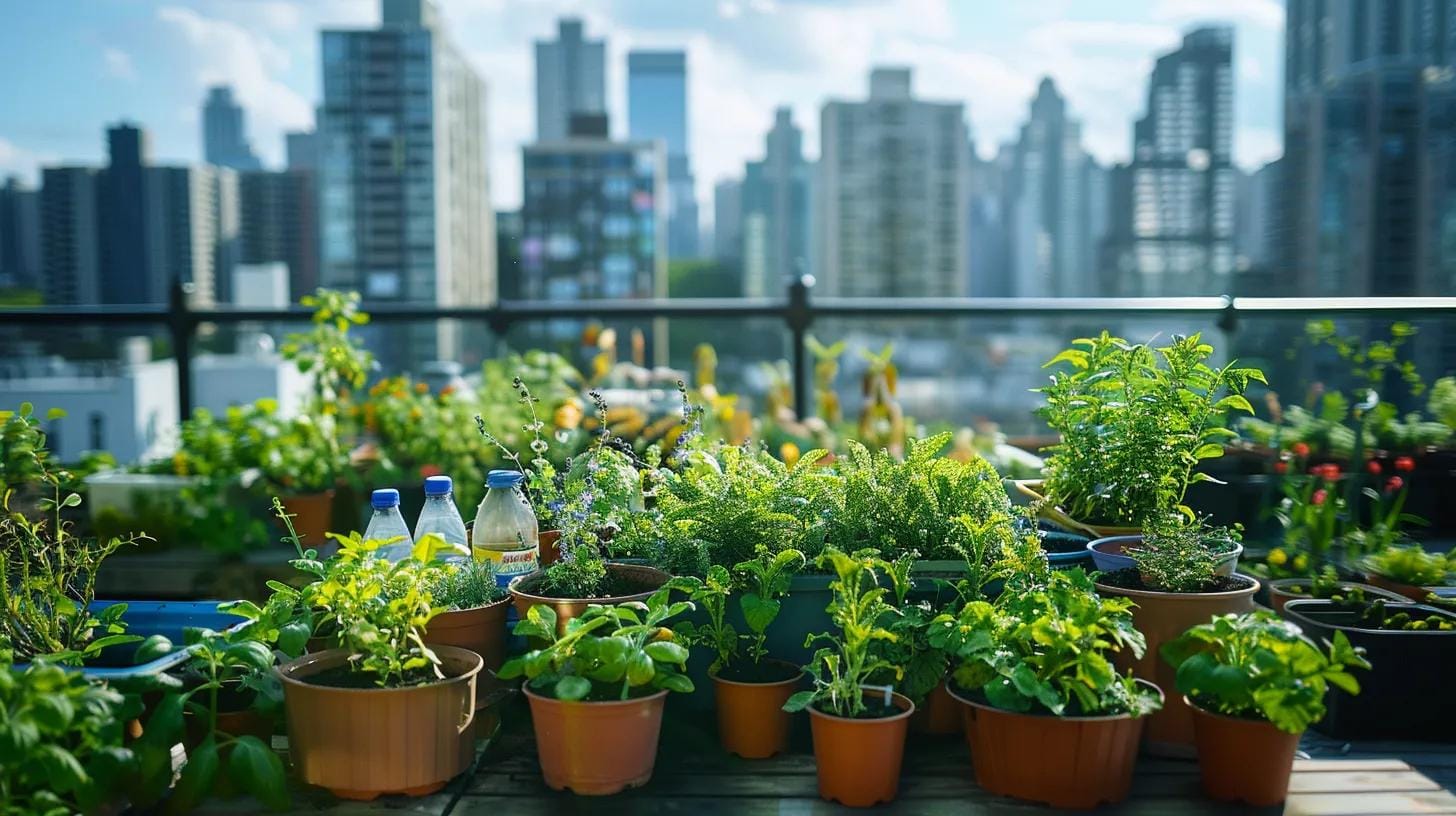 a vibrant urban rooftop garden showcases a variety of organic pest control techniques, with carefully arranged potted plants and eco-friendly pest solutions like neem oil bottles and insecticidal soap prominently displayed against a city skyline backdrop.