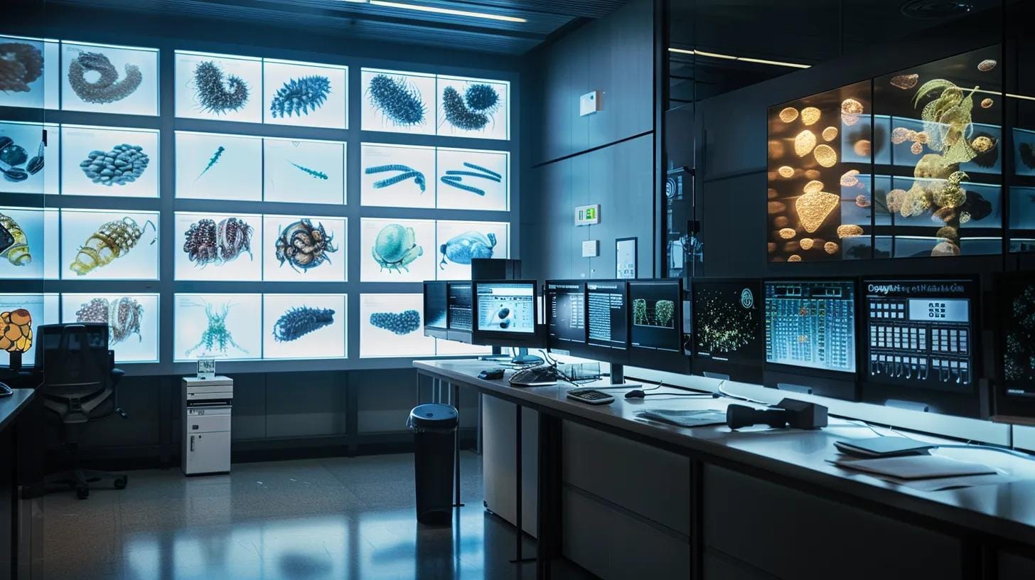 a visually engaging office setting showcases a sleek digital display presenting detailed side-by-side comparisons of pest life stages, highlighting the distinct morphological differences between eggs, larvae, and adults against a backdrop of modern pest control tools.