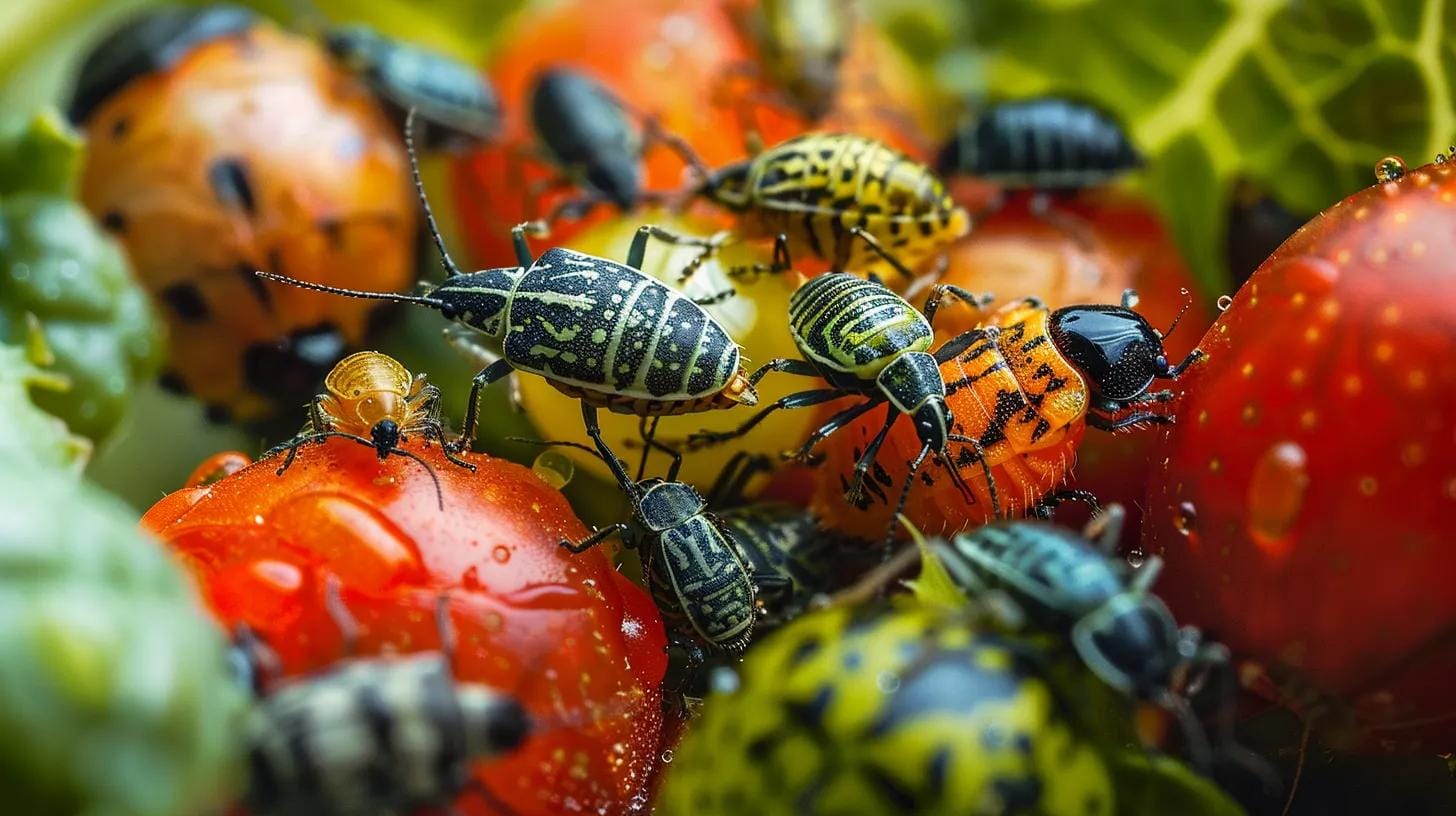 a vivid close-up of various agricultural pests, such as aphids and caterpillars, infesting vibrant crops in a greenhouse setting, showcasing distinctive features like body shapes and feeding marks alongside clear indicators of damage on the leaves.