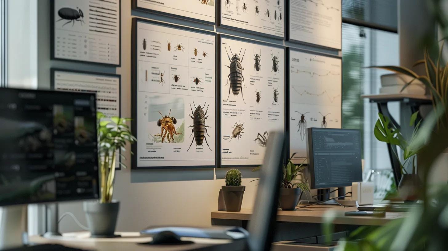 a well-organized office workspace showcases striking visual guides on a sleek wall, featuring detailed illustrations of common household insects like ants, cockroaches, and silverfish, alongside informative labels highlighting their distinctive features and habitats.