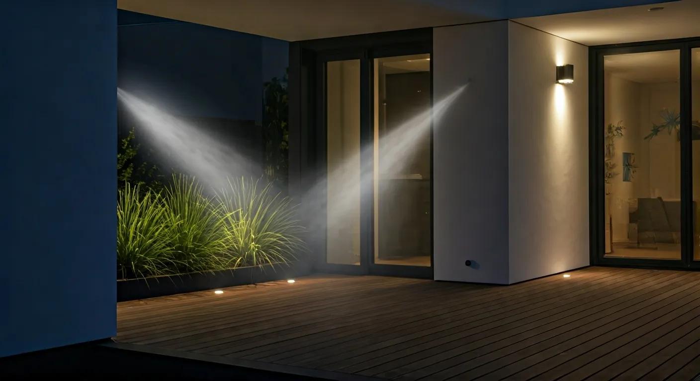 a sleek, modern outdoor patio featuring a hidden mosquito misting system seamlessly integrated into the design, with a fine mist gently enveloping the area, creating a tranquil atmosphere for relaxation and enjoyment.