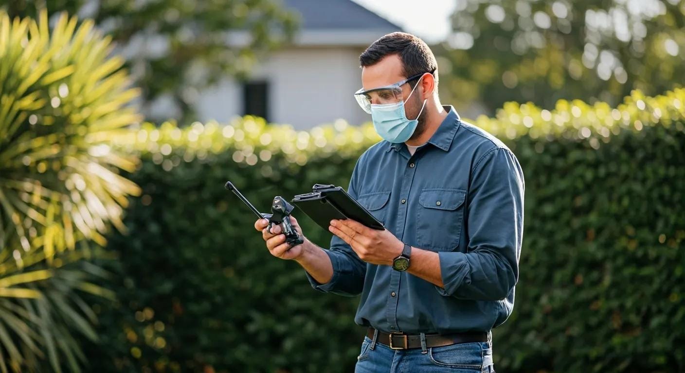 a professionally dressed pest control technician conducts a thorough inspection of a backyard, equipped with advanced tools and wearing protective gear, while strategically assessing mosquito population control measures against a well-maintained outdoor setting.
