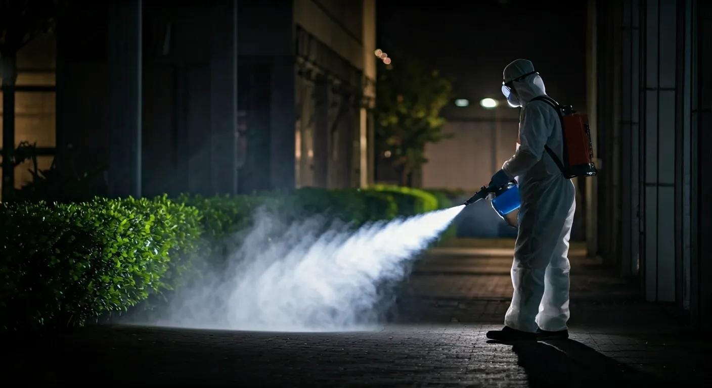 an urban outdoor setting at dusk depicts a technician in a safety suit expertly operating a ulv fogger, with a visible, fine mist enveloping the area to illustrate immediate mosquito control efforts.