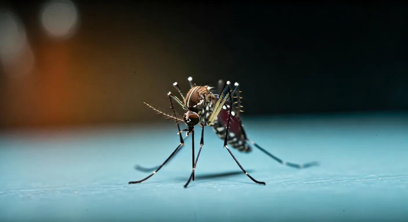 a close-up view of an aedes aegypti mosquito perched on a blood sample vial in a sterile laboratory setting, vividly highlighting its intricate body details and the potential for disease transmission.