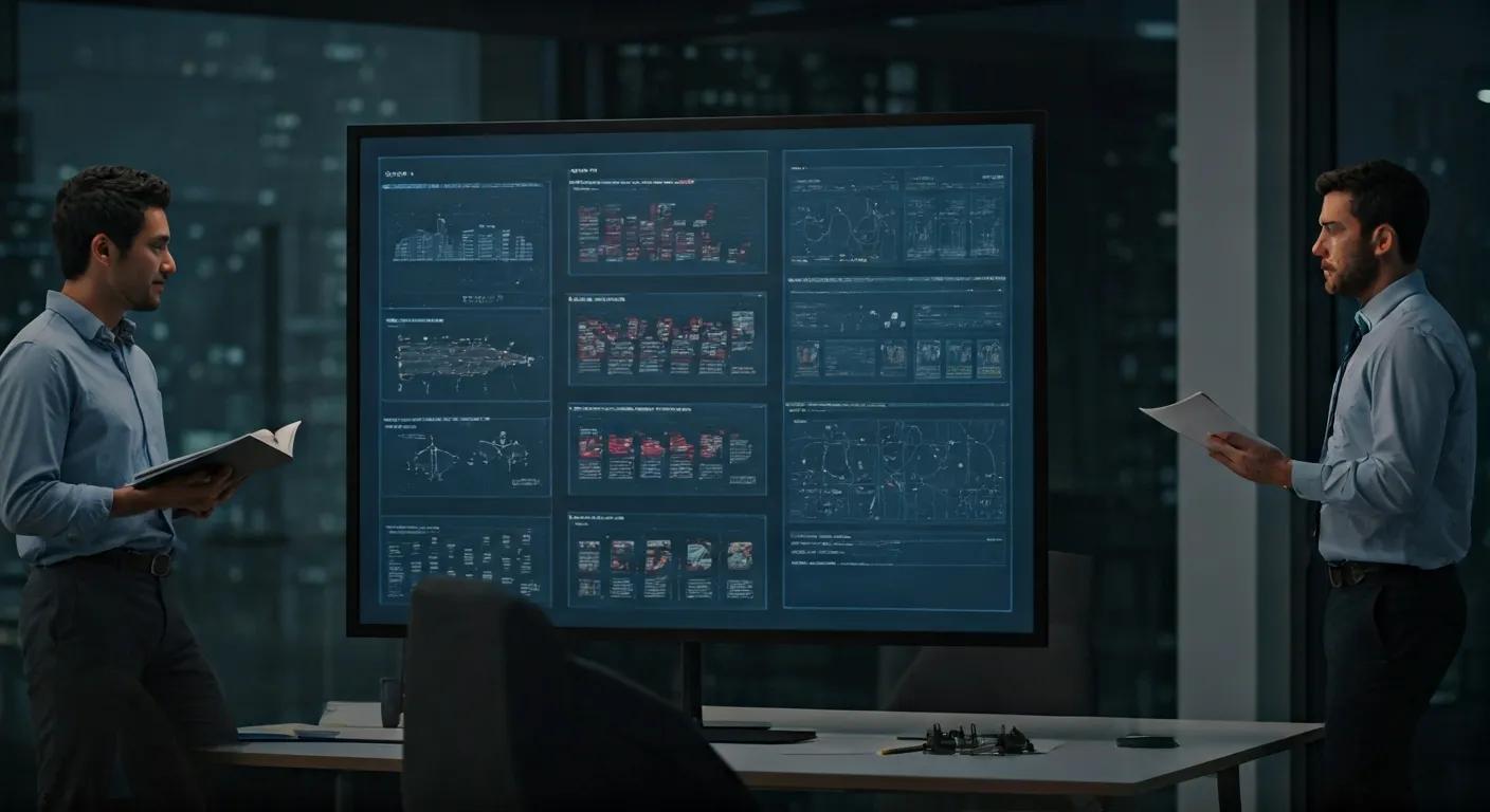 an informative urban office scene depicting a digital display board featuring detailed graphics of various mosquito species, with an engaged team of professionals analyzing data and discussing effective control strategies in a modern workspace.