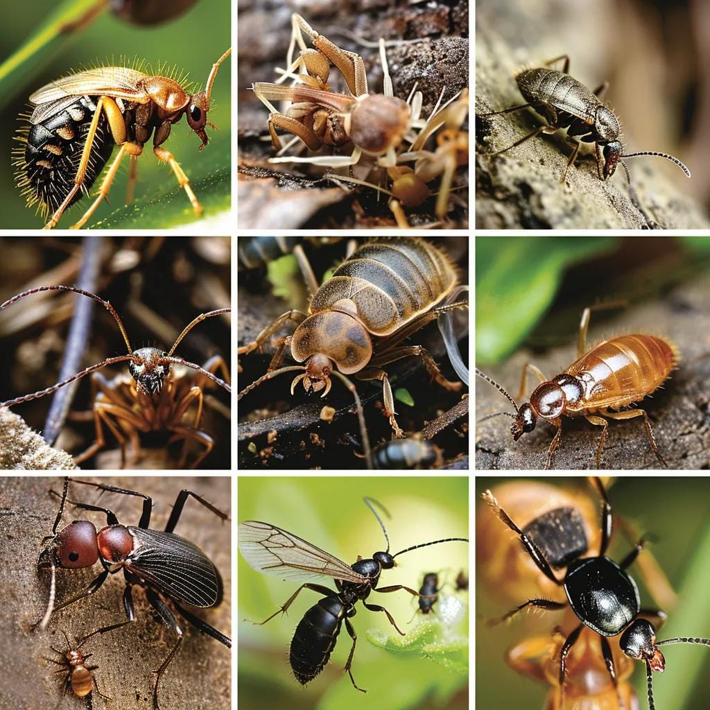 Collage of common pests in Homestead, FL including termites, ants, rodents, cockroaches, and mosquitoes
