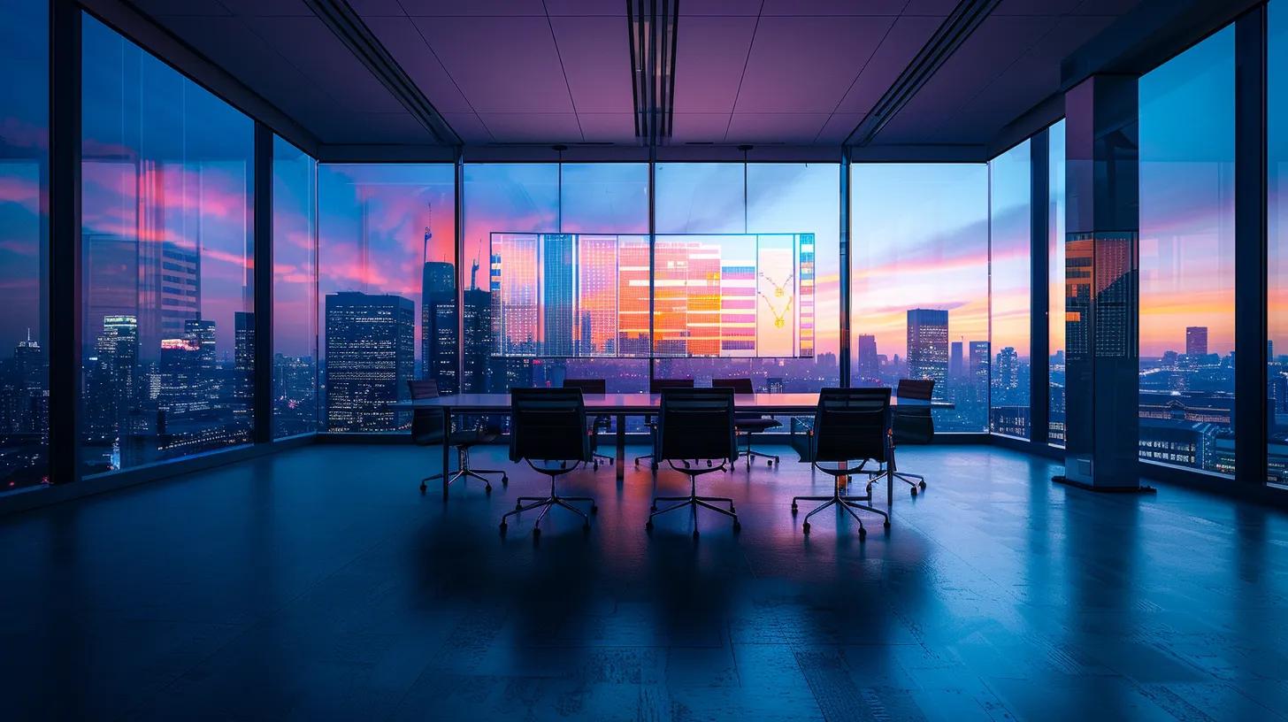 a modern office meeting room displays a large screen showcasing a detailed comparison chart of mosquito prevention plans, with diverse professionals actively discussing treatment options and eco-friendly alternatives amidst a backdrop of sleek furniture and a city skyline visible through the glass walls.