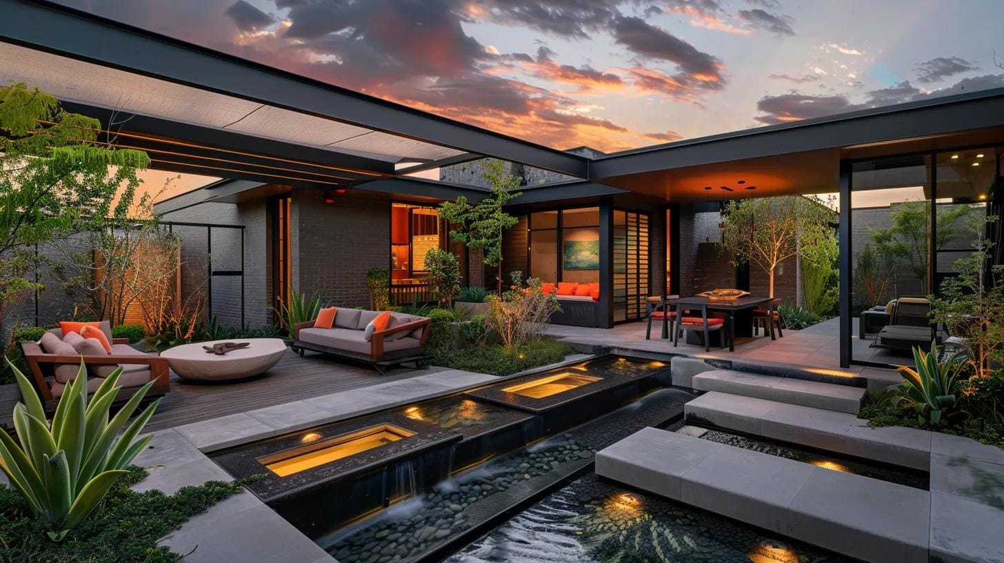 a modern outdoor entertaining space, equipped with stylish netting and sleek mosquito traps, showcases vibrant seating and decorative water features, all under a warm, inviting sunset glow, emphasizing a proactive approach to mosquito prevention this summer.