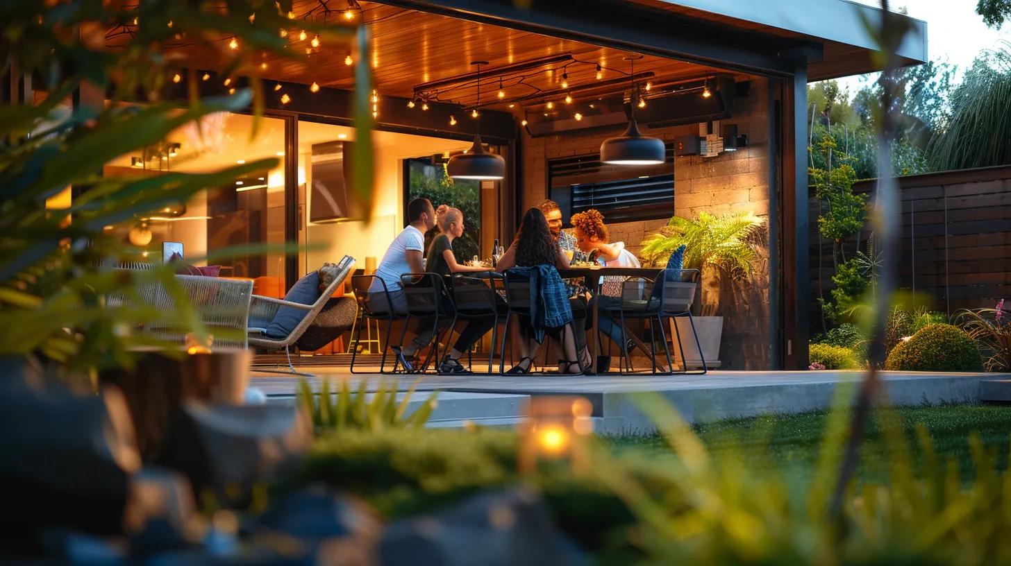 a modern outdoor living space features a family enjoying a mosquito-free gathering, with discreet misting systems and barrier sprays visible, highlighting effective pest control solutions in a vibrant urban backyard setting.