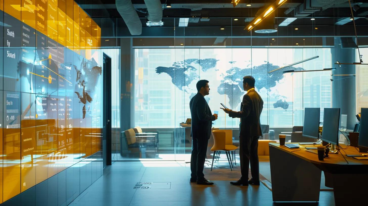 a modern urban office space showcases a professional in a crisp business attire discussing mosquito control service options with a client, surrounded by digital screens displaying pricing plans and treatment strategies, illuminated by focused led lighting.