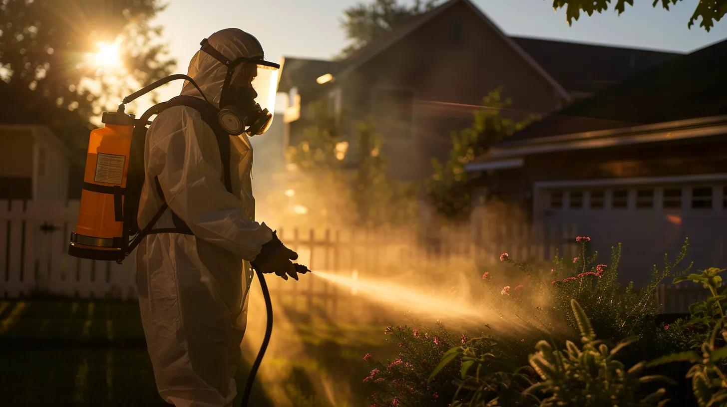 a professional mosquito control technician, equipped with safety gear and precision spraying equipment, meticulously calibrates targeted insecticides in a residential backyard during dusk to ensure effective treatment with minimal exposure.