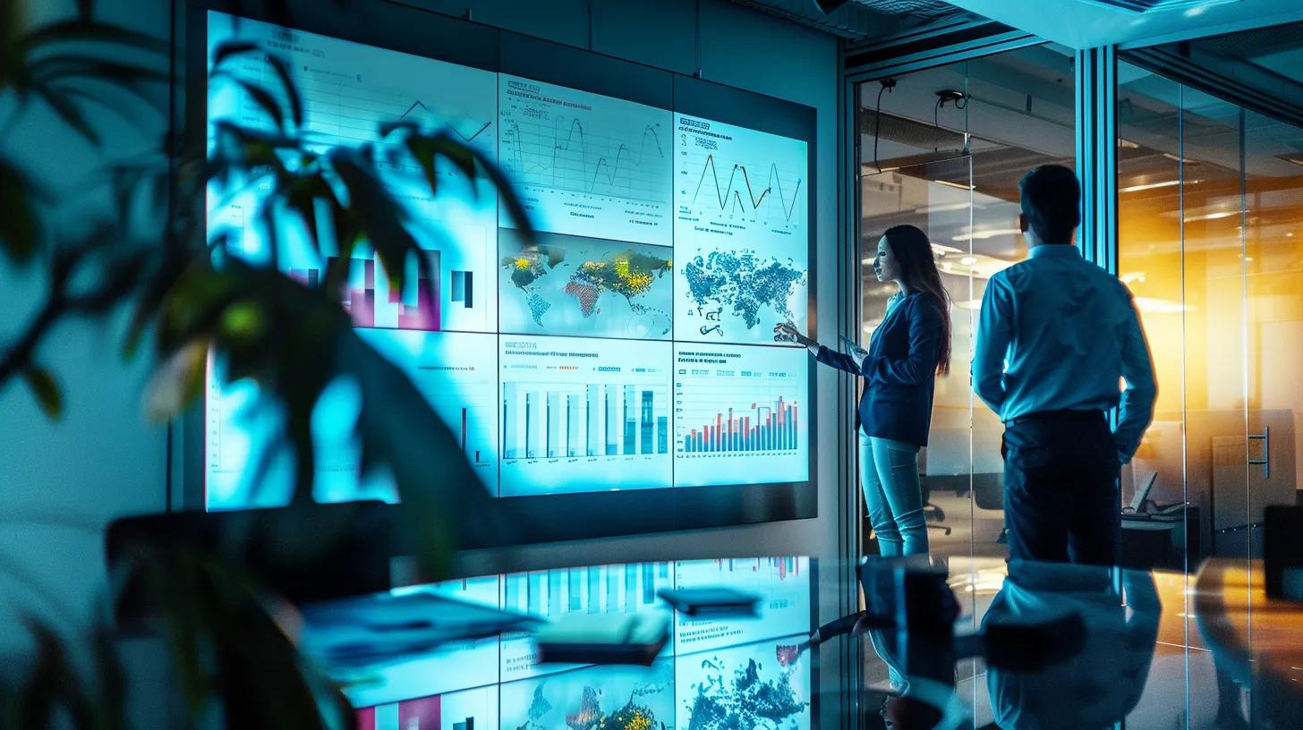 a sophisticated office environment showcasing a diverse group of professionals analyzing metrics and testimonials on a large digital screen, illustrating the thorough evaluation process for selecting a mosquito control company.