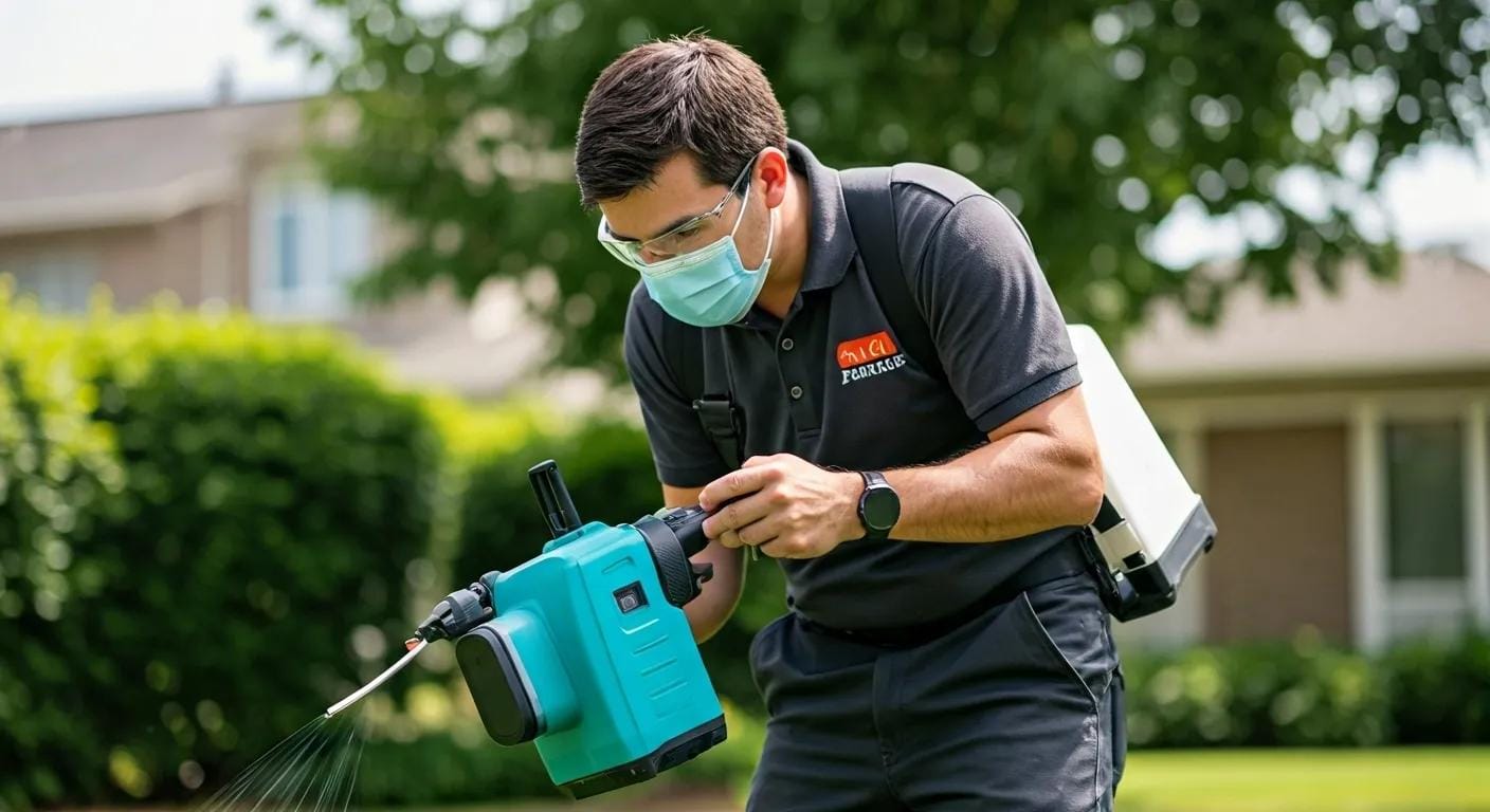 a professional pest control technician in a sleek, modern uniform meticulously examines a residential yard with advanced equipment, showcasing a robust mosquito control service in action under a bright, clear summer sky.