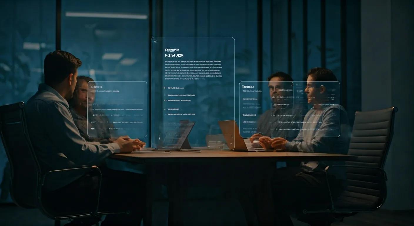 a modern office environment showcases a group of engaged professionals gathered around a sleek conference table, intensely discussing strategies for selecting reliable mosquito control services, with digital devices displaying customer reviews and service information prominently.
