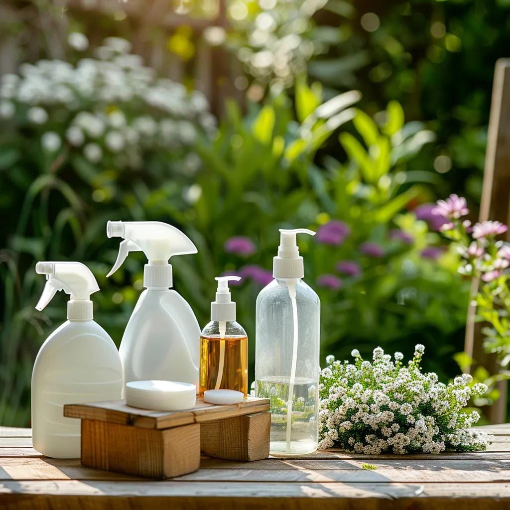 Eco-friendly pest control products and methods displayed in a garden setting