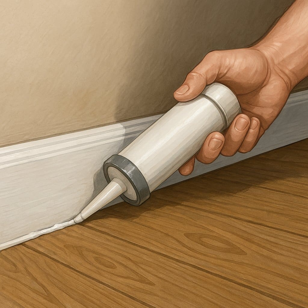 Applying caulk along baseboard seam
