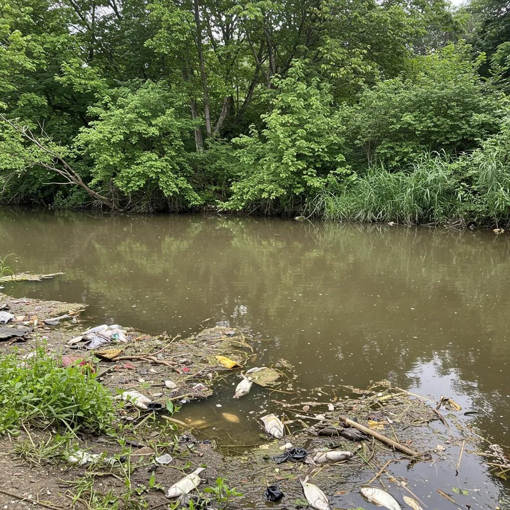 Polluted waterway demonstrating the environmental risks of chemical pest control