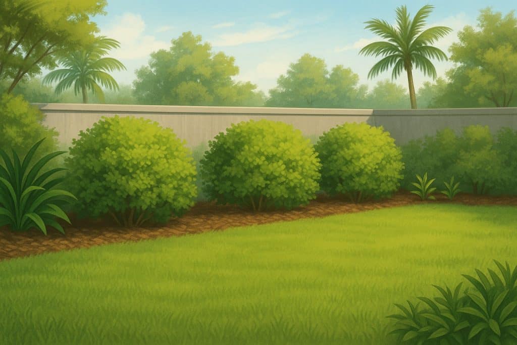 Lush green garden with bushes.