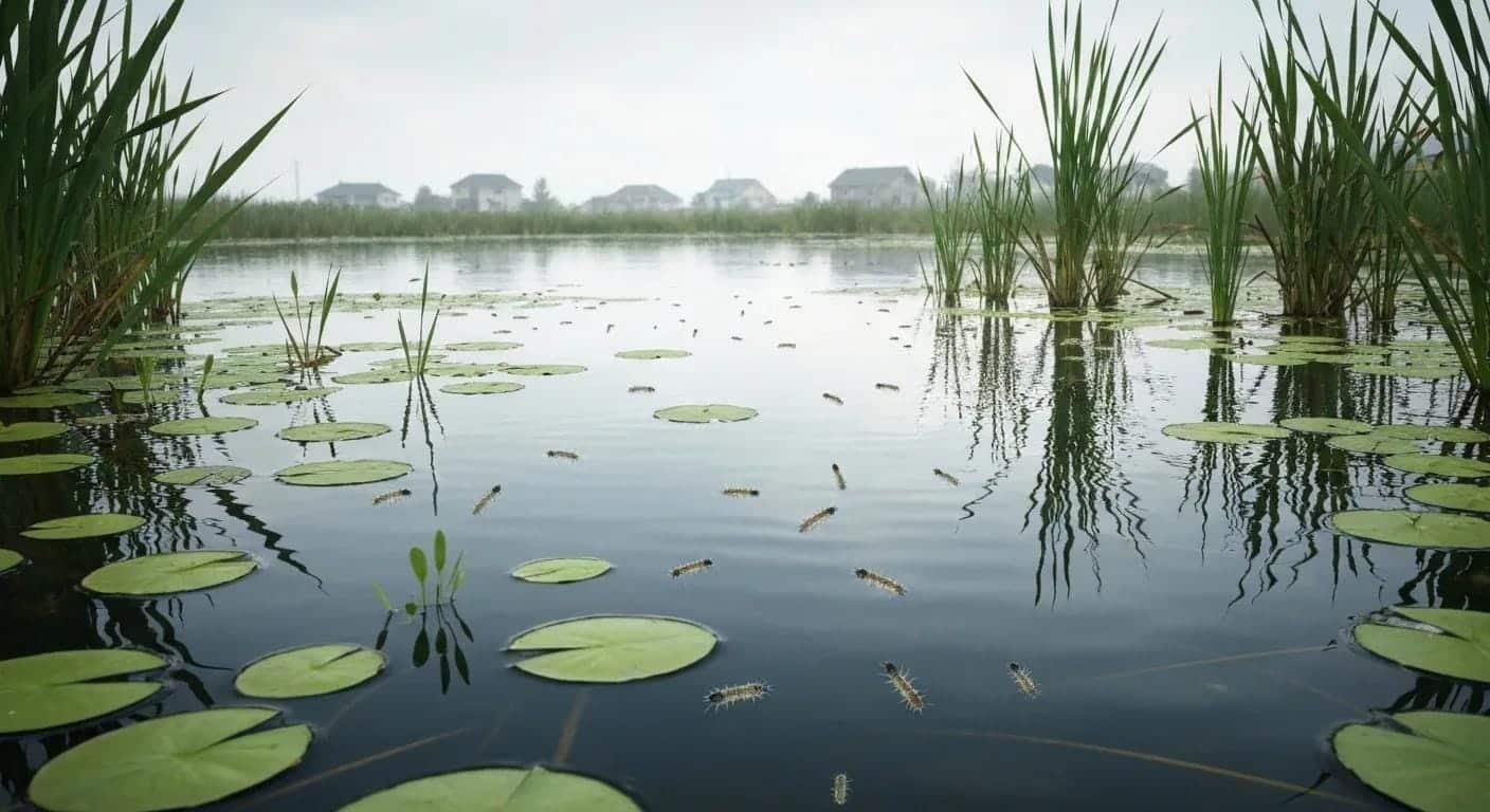 Stagnant water source with mosquito larvae indicating breeding grounds